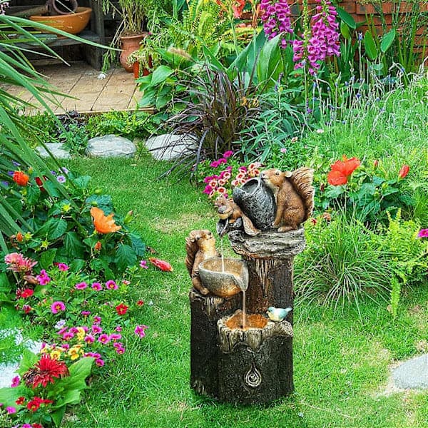 Solar-powered Squirrel Shaped Cascade Water Fountain with LED Lights and Water Pump.