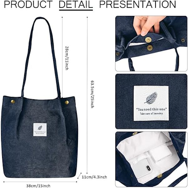 Kordväv Tote Bag för kvinnor Canvas Axelväska med Innerficka