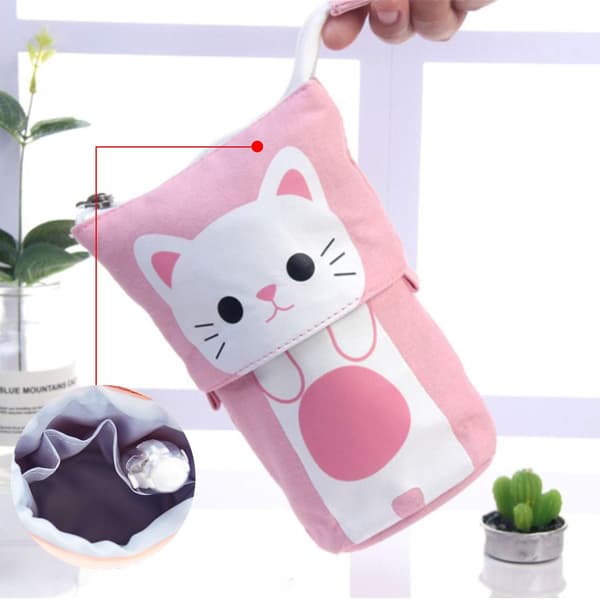 Practical Cosmetic Organizer, Customizable Canvas Material, Cute Cat-Themed Pencil Case, Standing Pencil Pouch with Telescopic Design and Zipper
