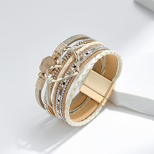 Leopard Armbånd for Kvinner, Boho Lær Wrap Multi-Layer Perle Krystall Armbånd Bangel Smykker