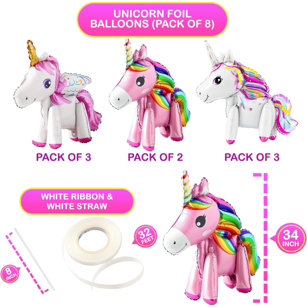 Självstående enhörningsballonger - 34 tum, paket med 8 | Rainbow Unicorn Ballons, 3D Unicorn Party Supplies | Unicorn födelsedagsdekorationer