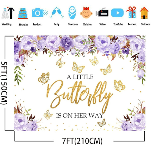 Baby Shower -tausta violetti kukkainen kultainen perhonen tytöt prinsessa valokuvaustausta kakkupöytäbanneri tyttö 1. syntymäpäiväjuhlan koriste 7x5ft