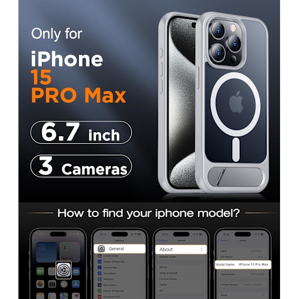 Magneettinen iPhone 16 Pro Max -kotelo, [Sisäänrakennettu näkymätön jalusta][Yhteensopiva MagSafe-tekniikan kanssa] [Sotilastason iskunkestävä] Ohut läpikuultava Silver iPhone 15 Pro Max