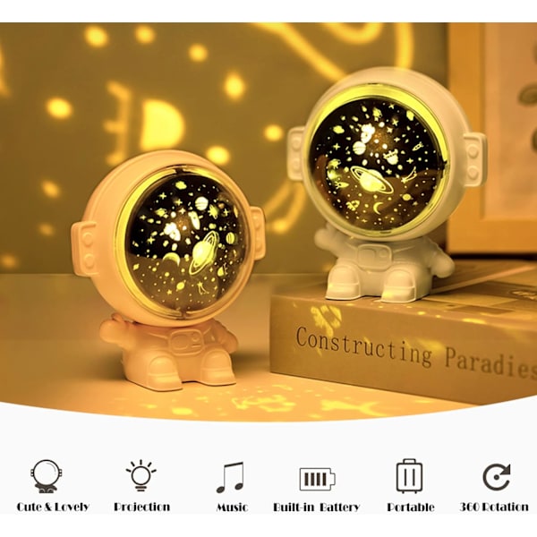 Astronaut Buddy Galaxy Stjerneprojektor Rummand Æstetisk Loftsdekoration Stjernenatlys Lampe Gaver med Soveværelse Vuggevise Musikfunktion (Hvid)