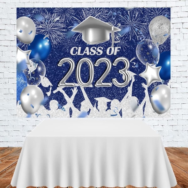 Luokan 2023 juhlatausta Kuninkaallinen sininen ja hopea Onnittelut Grad Graduation Caps Tausta Juhla Graduation Prom Party Decor Banner 7x5ft