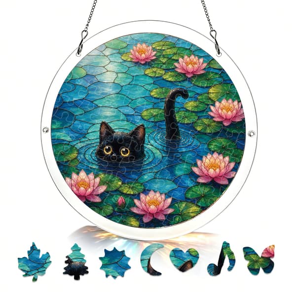 Lotus Black Cat Acrylic Puzzle Suncatcher, 83 Pieces DIY Decor