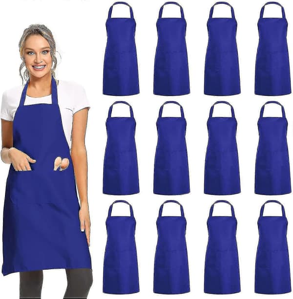 12 Pakke Almindelige Forklæder med 2 Lommer - Sort Unisex Kommercielt Forklæde Bulk Blue