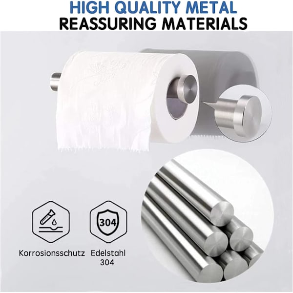 Toiletrulleholder uden boring til badeværelse og toilet, rustfrit stål børstet nikkel (sølv), One Size