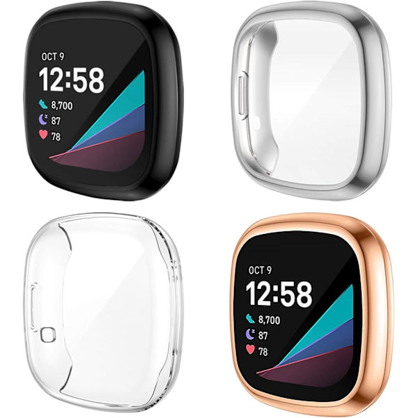 4-pakkaus näytönsuojakotelo, yhteensopiva Fitbit Sense / Versa 3:n kanssa, pehmeä TPU-pinnoitettu puskuri, täysi suojakotelo