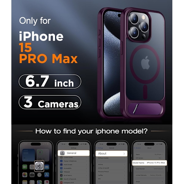 Magneettinen iPhone 16 Pro Max -kotelo, [Sisäänrakennettu näkymätön jalusta][Yhteensopiva MagSafe-tekniikan kanssa] [Sotilastason iskunkestävä] Ohut läpikuultava Purple iPhone 15 Pro Max