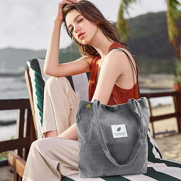 Kordväv Tote Bag för kvinnor Canvas Axelväska med innerficka
