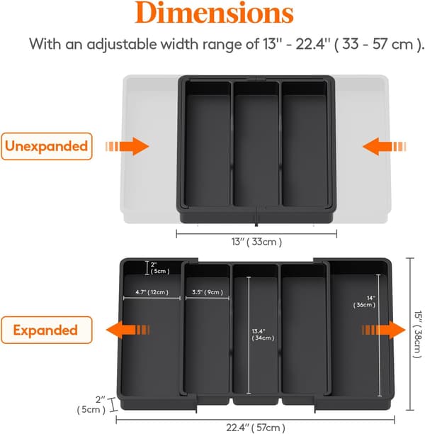 Kitchen Drawer Organizer Expandable Large Utensil Tray, Adjustable Plastic Cutlery Holder for Gadgets, Black