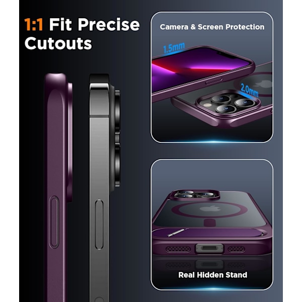 Magneettinen iPhone 16 Pro Max -kotelo, [Sisäänrakennettu näkymätön jalusta][Yhteensopiva MagSafe-tekniikan kanssa] [Sotilastason iskunkestävä] Ohut läpikuultava Purple iPhone 13 Pro Max