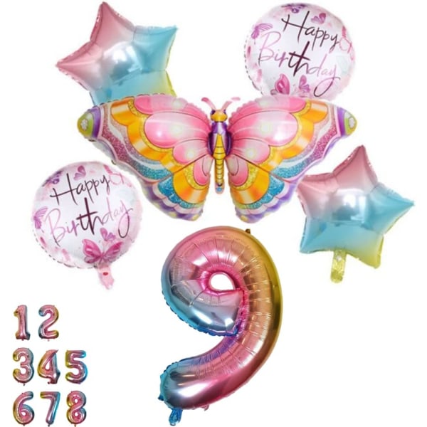 Butterfly Balloon Birthday Decoration 9 Years Set - Butterfly Party, Number 9 Balloon Pink Rainbow, Foil Balloon Animals Happy Birthday Decorations