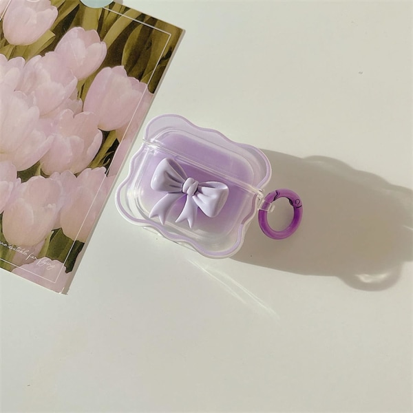 Compatible for AirPods Case Soft Clear TPU with Cute 3D Colour Bow Design Shockproof Keychain Cover for Girls Woman Airpods Pro2-Purple