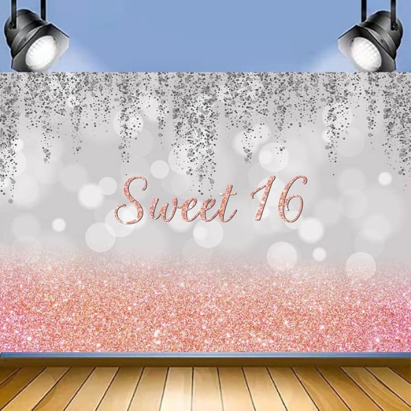 Happy Sweet 16th Birthday Banner Backdrop Decorations Rose Gold Sweet Birthday Party Sign Supplies Pink Sweet Birthday Poster Background Decor