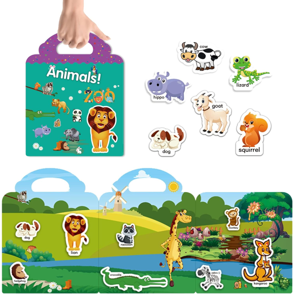 Återanvändbar klistermärkebok, djurklistermärken, hållbara och icke-vidhäftande, fönsterklämmor för barn, pedagogiska klistermärken Leksak för barn Småbarn