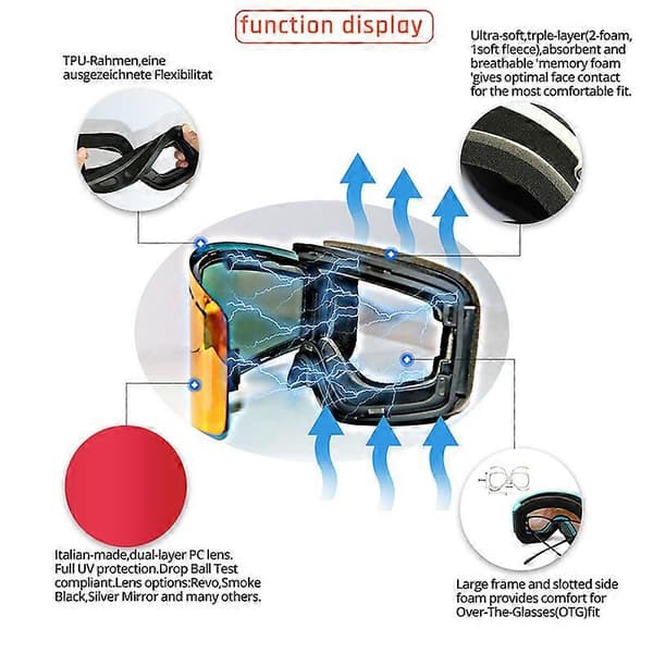 Ski Snowboard Goggles 100% UV400 Anti-dug Dobbeltlinse Goggles Sort