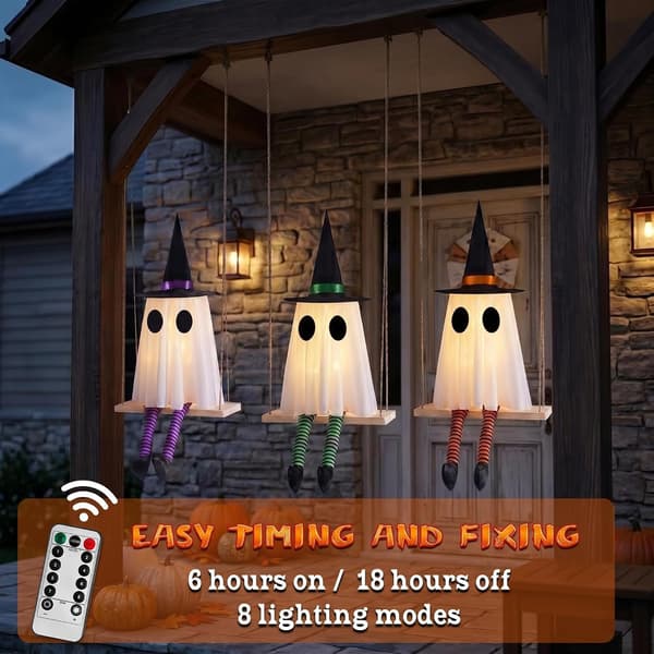 Halloween Swinging Ghost Outdoor Decor, Scary Hanging Ghost Decorations Set of 3, Timer Function, Remote Control, Unique Ghost and Witch Fusion Design