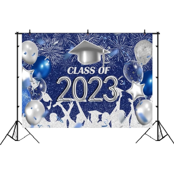 Klasse 2023 Fest Bakgrunn Royal Blue og Sølv Gratulerer Grad Graduering Caps Bakgrunn Feiring Graduering Prom Fest Dekor Banner 7x5ft