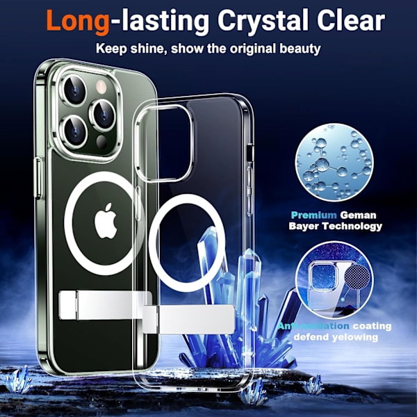 Magneettinen iPhone 16 Pro Max -kotelo, [Sisäänrakennettu näkymätön jalusta][Yhteensopiva MagSafe-tekniikan kanssa] [Sotilastason iskunkestävä] Ohut läpikuultava Clear-Stand iPhone 13 Pro Max