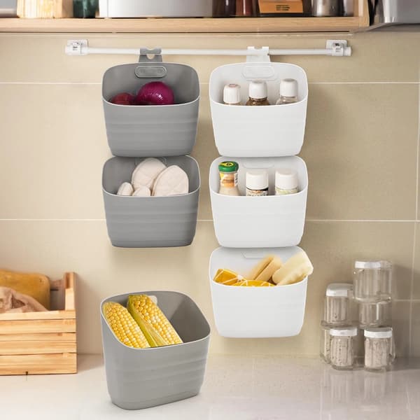 Set of 6 Hanging Plastic Baskets, Suitable for Kitchen and Over-Cabinet Door Storage.