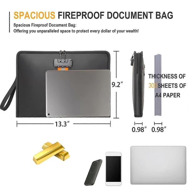 Fireproof Document Bag with Lock, 33x23.4 cm Fireproof Money Bag, with Zipper and Lock, Suitable for Tablets, A4 Documents -
