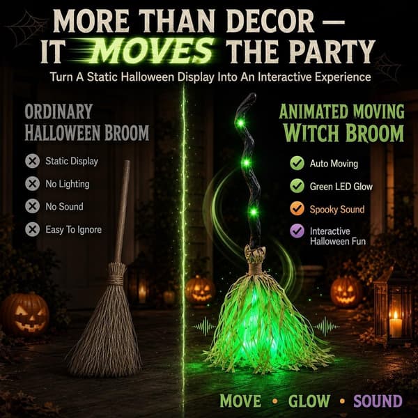 Animeret bevægelig heksekost, lys-lyd-bevægelse Halloween dansende kost