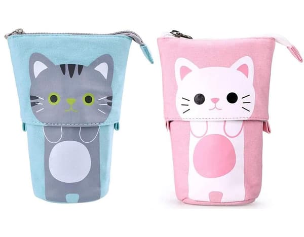 Practical Cosmetic Organizer, Customizable Canvas Material, Cute Cat-Themed Pencil Case, Standing Pencil Pouch with Telescopic Design and Zipper