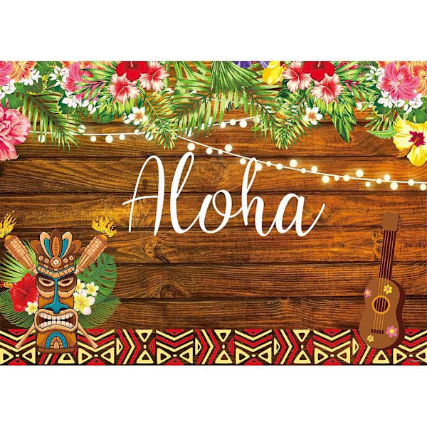 7x5ft Sommer Aloha Luau Fest Bakgrunn Tropiske Hawaiiske Blomster Treskulptur Bakgrunn Hav Palme Bursdag Musikalsk Fest Banner Dekorasjon