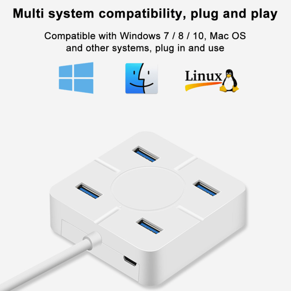 USB 3.0 Hub, Mini USB Hub med 4 USB 3.0 porte, kompatibel med MacBook, Mac Pro, Mac Mini, iMac, Surface Pro - Hvid