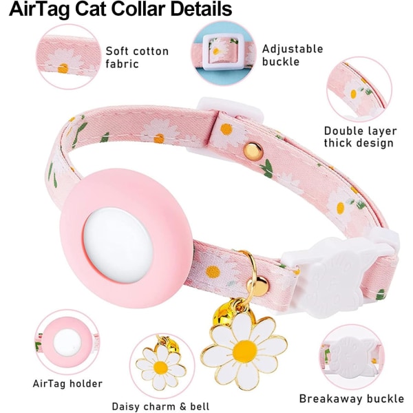 AirTag katthalsband - Silikonstöd för kattungehalsband - Lättvikts GPS-spårare - Bells and Flower Charm - Rosa