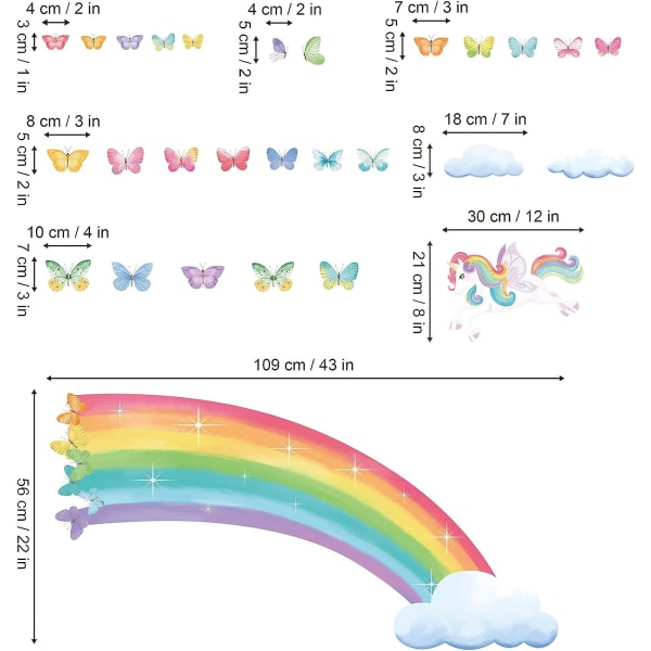 Regnbågsväggdekor Enhörning Regnbågsfjärilar Moln Väggdekor Baby Flickor Sovrum Vardagsrum Väggdekor