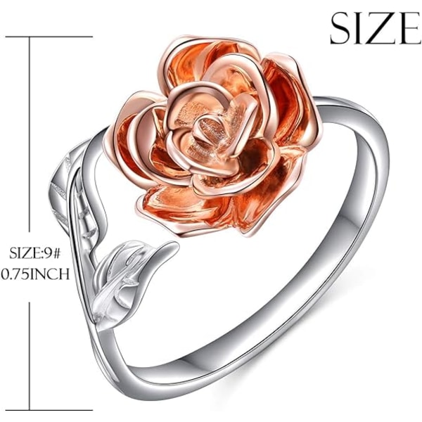 S925 Sterling Sølv Rose Blomst Ring Justerbar Wrap Åpen Smykker for Kvinner Teen Gave