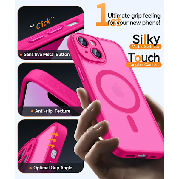 Magnetisk etui til iPhone 16 Pro Max med fuld kamerabeskyttelse [Kompatibel med Magsafe] [Gennemskinnelig mat] Beskyttende telefonetui, mat sort Hot Pink iPhone 13