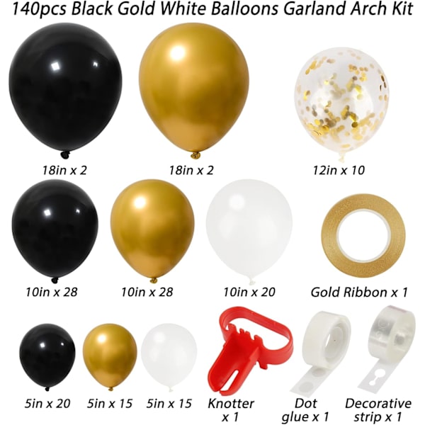 144 st svart och guld ballongbåge kit, 5 10 12 18 tum svart guld vita latexballonger för festdekoration