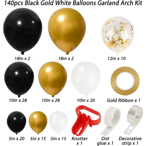 144 stk. sort og guld ballonbue guirlande sæt, 5 10 12 18 tommer sort guld hvide latex balloner til festdekoration