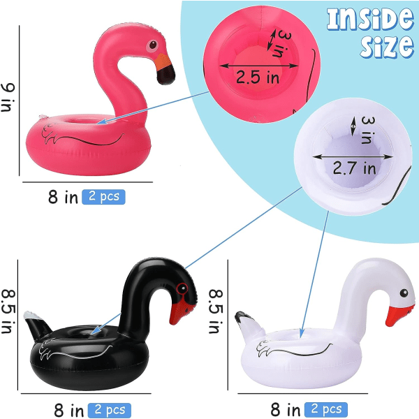 Oppblåsbare drikkeholdere, drikkeflytere oppblåsbare fuglekopp-underlag rosa flamingo drikkeholder svart-hvite svaner drikkeholder (6-pakning)