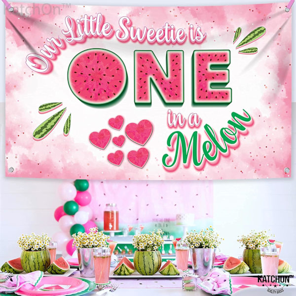 En i en melon-bakgrund - Stor, 72x44 tum | En i en melon-festdekorationer | En i en melon-banderoll för sommarvattenmelon födelsedagsdekorationer