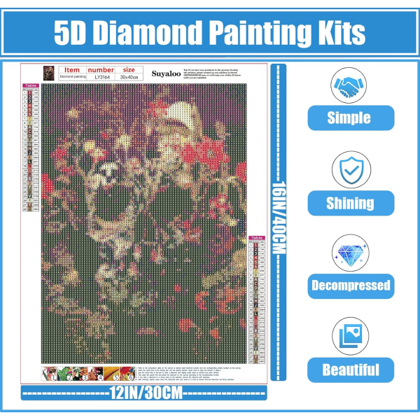 Diamond painting - 5D diamantkonstsatser, DIY-blommor fullborrmålningar med diamanter Gem Art Hemväggdekor 11,8x15,7tum