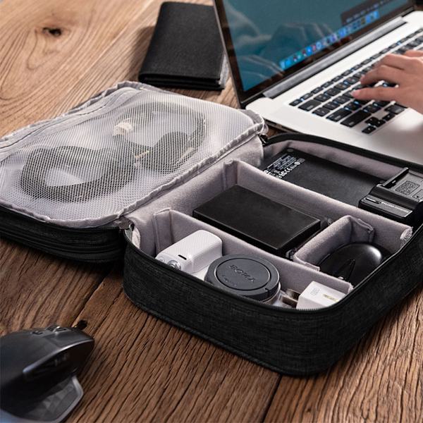 Resväska för kablar, trelagers elektroniktillbehörsorganisatör för kablar, laddare, powerbanks, möss, iPads - svart