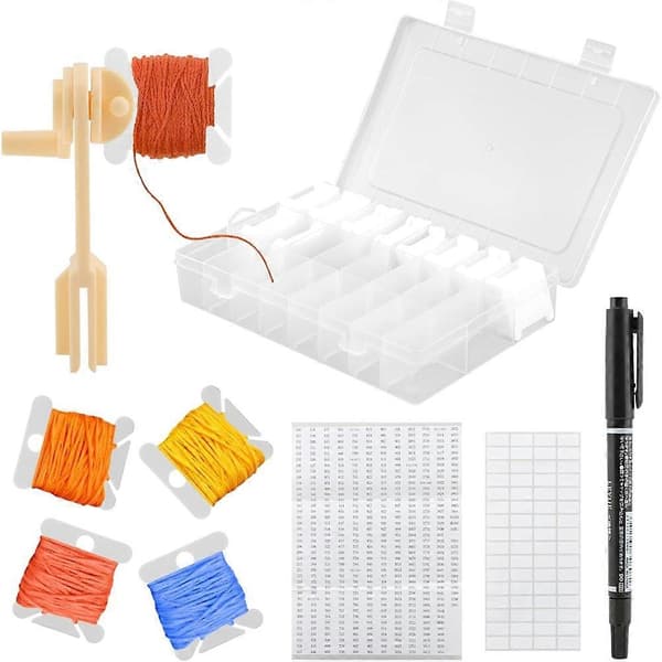 Embroidery Floss Organizer - Thread Storage Box with 24 Removable Compartments, 40 Hard Plastic Bobbins, and Stickers