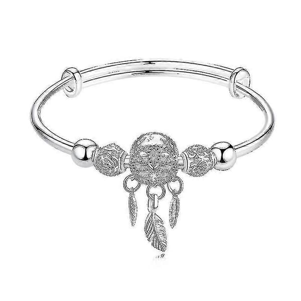 Adjustable 925 Sterling Silver Dream Catcher Tassel Feather Round Bead Charm Bracelet & Bangle