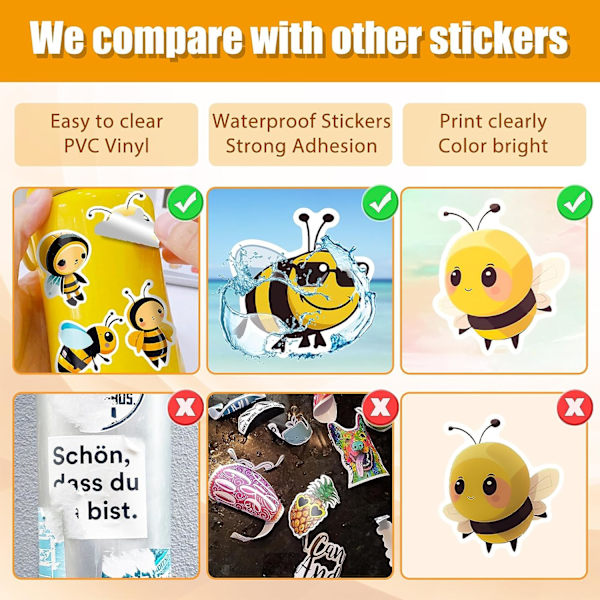 Kawaii Honningbi-klistermærker 50 stk. Æstetiske Vandtætte Vandflaske-Dekaler til Scrapbooking Telefonetui Hydroflask Snowboards Kuffert Laptop-klistermærker