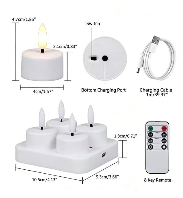 Rechargeable LED Tea Lights, With Remote Control and Timer, Set with Candles and Charging Base, Decorative Lights for Halloween, Parties, and Table Decor 4 pcs