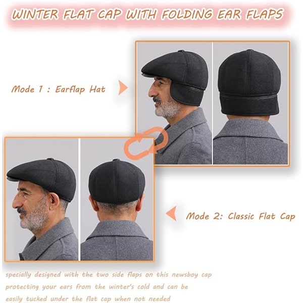 Vinterflatcaps for menn med øreklaffer i ullblanding, varm newsboy-hatt i irsk stil, DeREy, caps for menn, utendørs jakthat, golfhat for vinter (svart 55-60 cm)