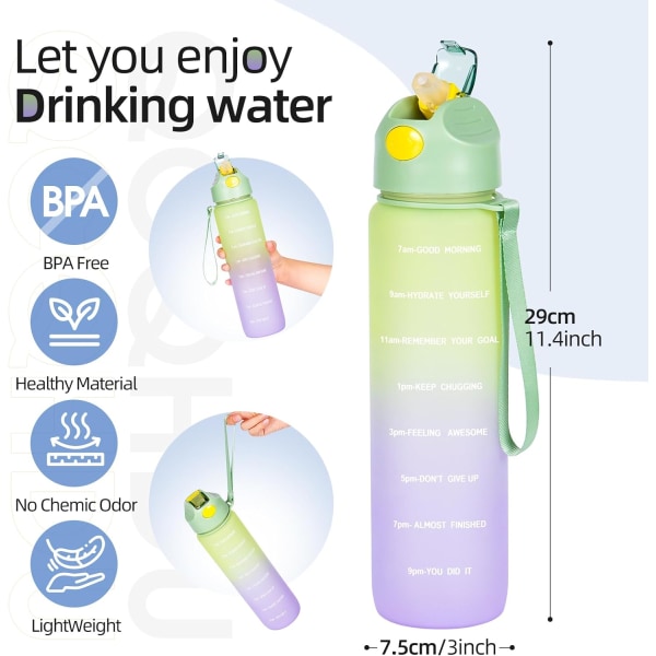 Vattenflaska 1L, sportvattenflaska med sugrör & tid , dryckesflaska, läckagesäker, BPA-fri för löpgym Cykelkontor och skola
