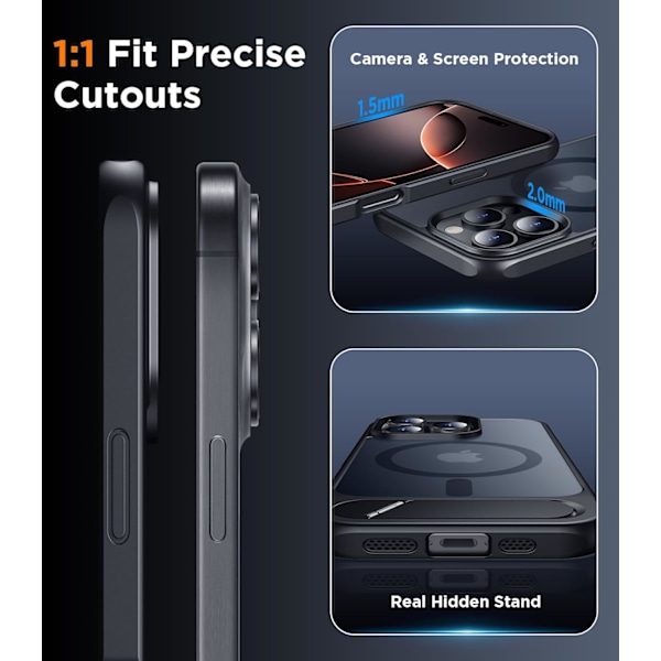 Magneettinen iPhone 16 Pro Max -kotelo, [Sisäänrakennettu näkymätön jalusta][Yhteensopiva MagSafe-tekniikan kanssa] [Sotilastason iskunkestävä] Ohut läpikuultava Black for iPhone 16 Pro Max 6.9"