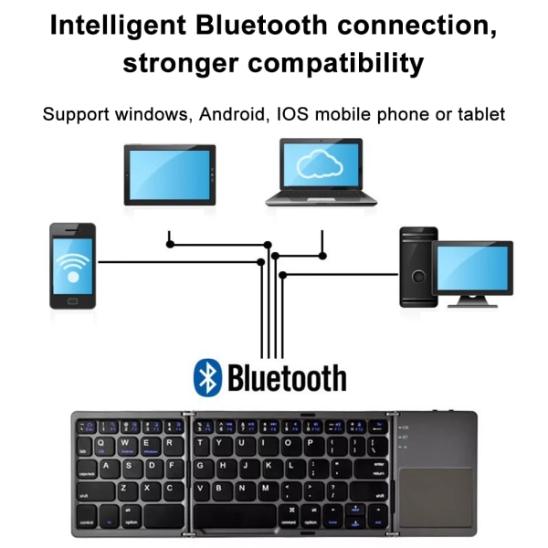 Kolmitaivutettava Bluetooth-näppäimistö, Bluetooth-kannettava minilangaton näppäimistö kosketuslevyhiirellä - musta