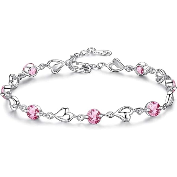 Sølv Armbånd til Kvinder, 925 Sterling Sølv Hjerte Armbånd Venskabsarmbånd Krystal Armbånd Zirconia Justerbar Dame Armbånd（Pink）